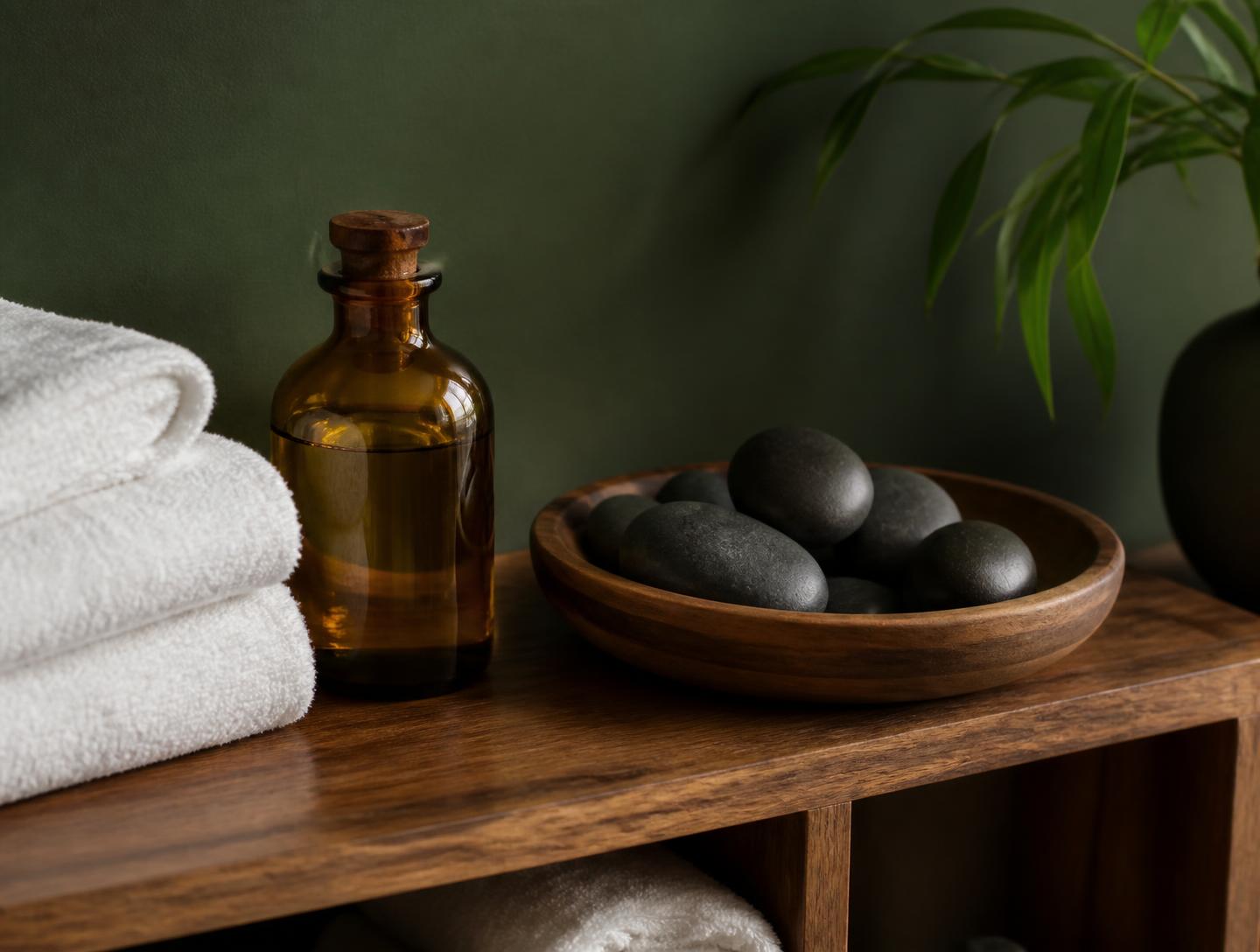 Close view of neatly folded towels, warmed stones and a bolster beside a massage table